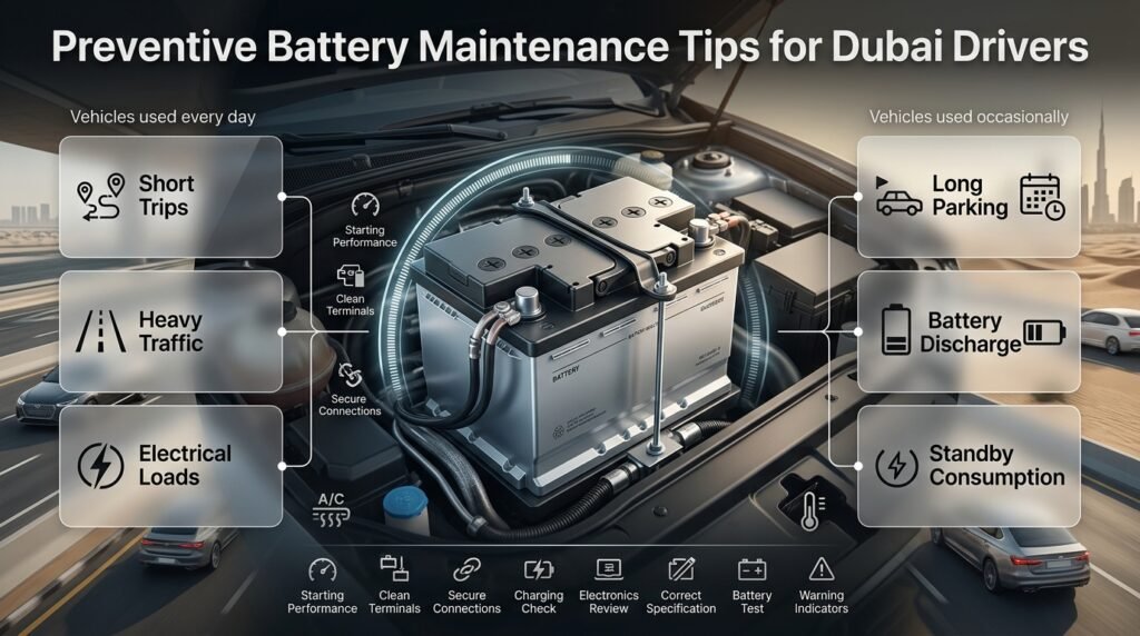 Professional battery maintenance infographic for Dubai drivers showing checks for terminals, charging, driving habits, heat, and battery condition.