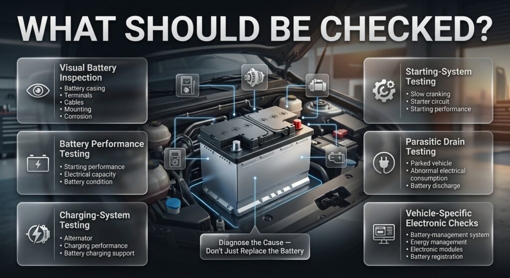 Professional car battery inspection infographic showing visual checks, battery testing, alternator testing, starter checks, and electrical drain diagnosis.