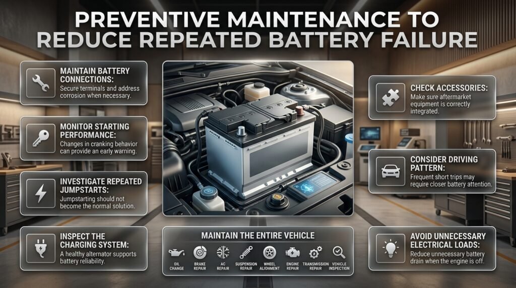 Automotive maintenance infographic showing battery care, charging checks, accessory inspection, driving habits, and vehicle maintenance practices.