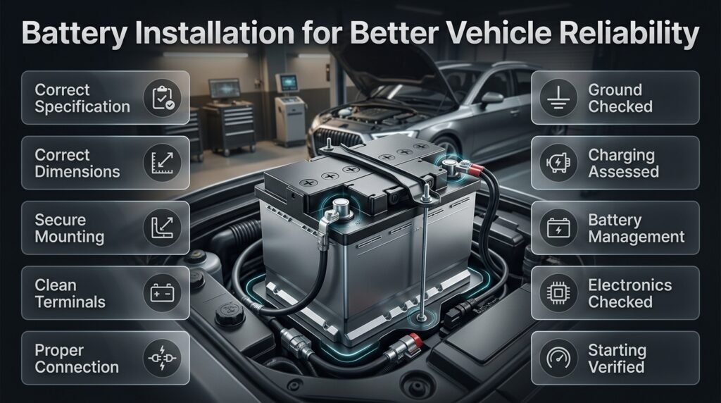 Professional car battery installation infographic showing correct fitment, secure mounting, clean terminals, connections and electronic checks.
