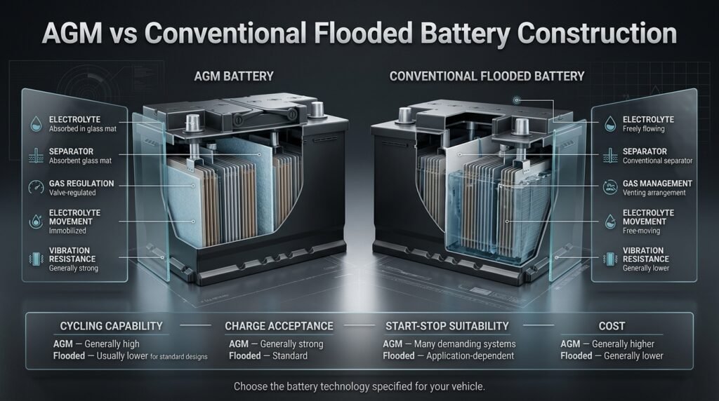 AGM and conventional flooded battery construction compared by electrolyte, separators, gas regulation, cycling, and maintenance