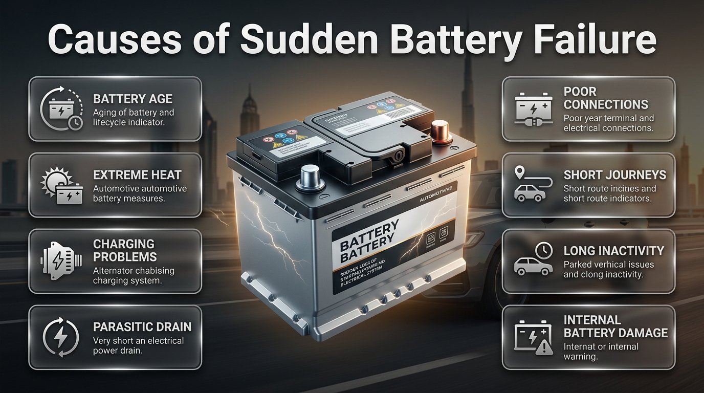 Car battery showing sudden failure causes including heat, electrical drain, charging faults, aging, and poor connections. Causes of Sudden Battery Failure in Cars: Complete Guide