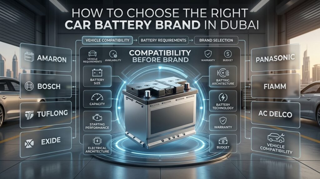 Car battery brand comparison showing Amaron, Bosch, Tuflong, Exide, Panasonic, FIAMM and AC Delco compatibility factors