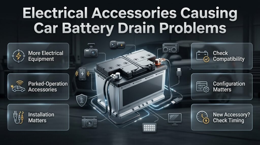 Car battery drain caused by improperly installed electrical accessories such as dash cameras, GPS trackers, and LED lights