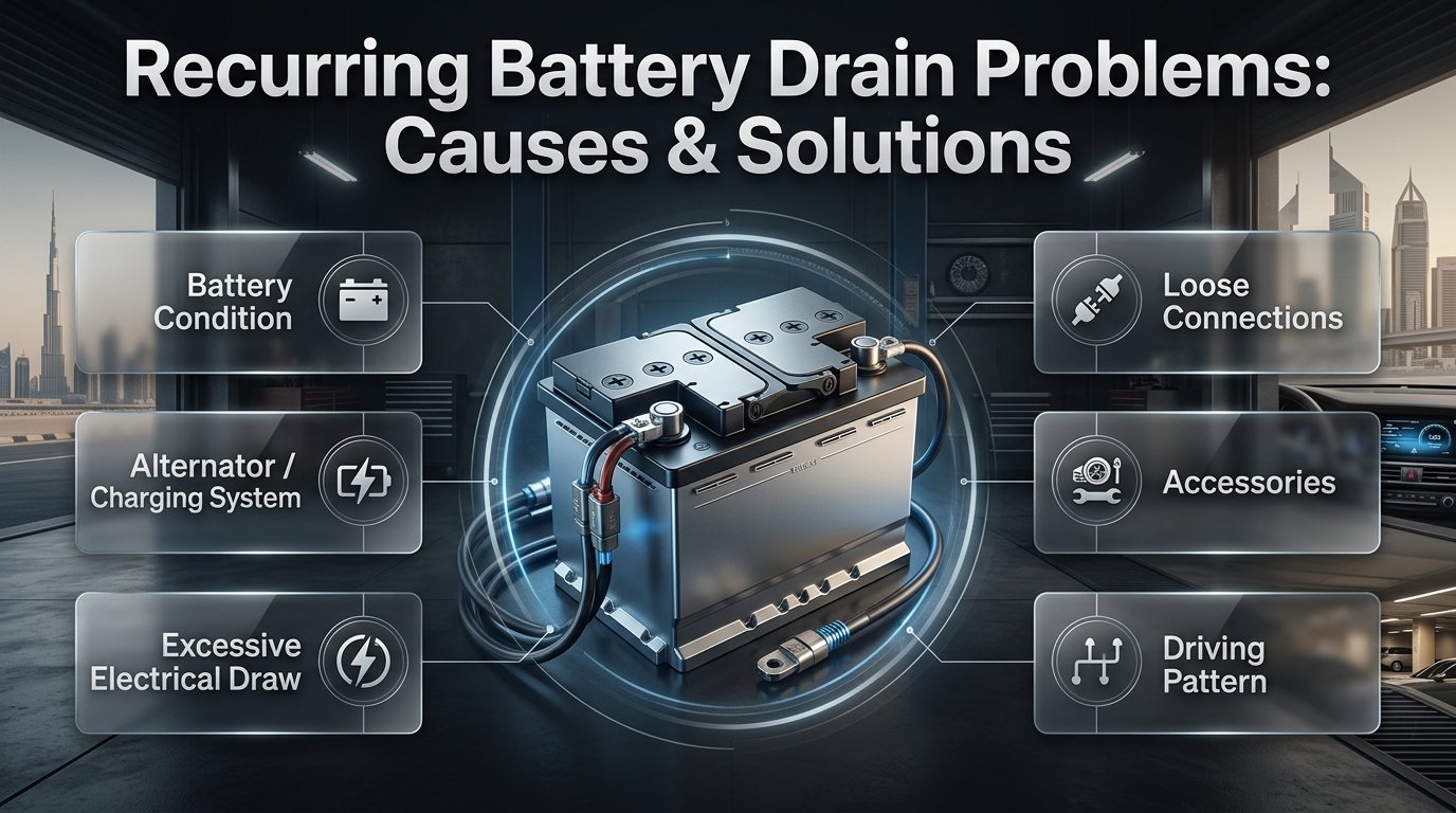 Car battery repeatedly losing charge in Dubai due to electrical drain, alternator faults, accessories, and driving conditions Recurring Battery Drain Problems: Causes & Solutions