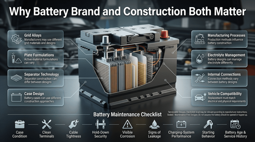 Lead acid battery comparison showing construction features, terminals, case condition, corrosion checks, and maintenance inspection points