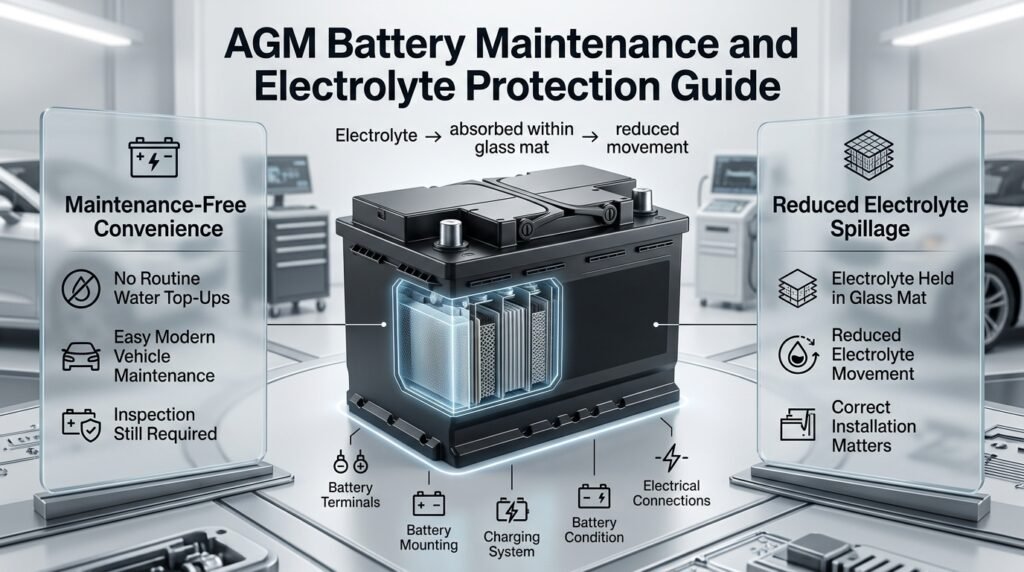AGM battery maintenance-free design and reduced electrolyte spillage explained with automotive battery technology visuals