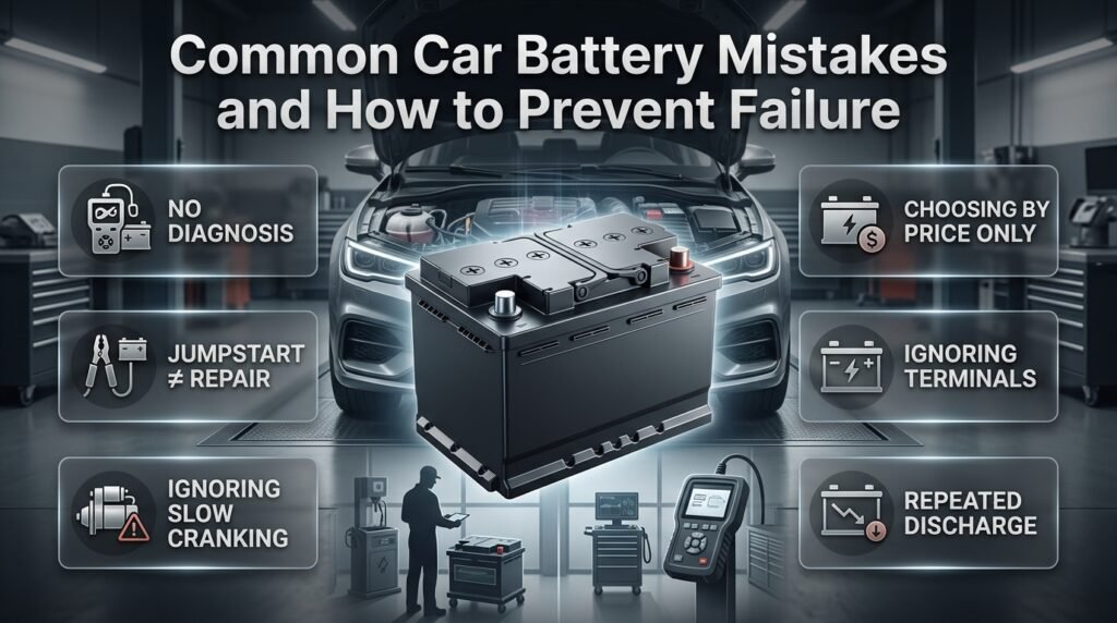 Common car battery mistakes including poor diagnosis, repeated jumpstarts, weak connections, wrong battery choice, and discharge