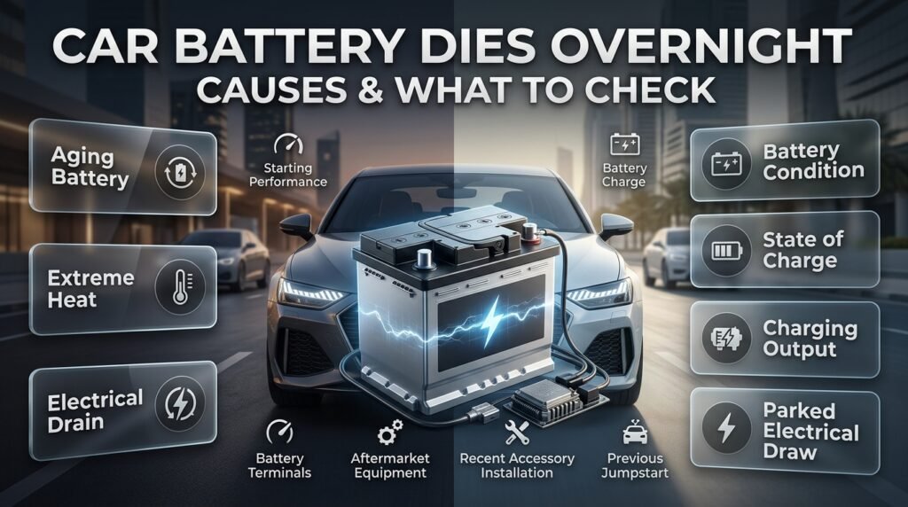 Car battery loses starting power overnight, highlighting battery condition, electrical drain, charging faults, and key diagnostic checks