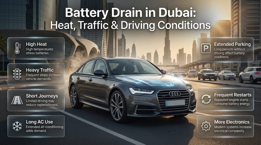 Battery drain in Dubai caused by heat, traffic, short trips, AC use, extended parking, and frequent vehicle restarts