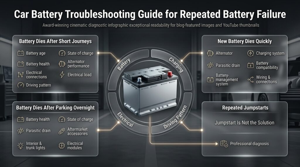 Car battery troubleshooting flowchart showing checks for short journeys, overnight discharge, rapid battery failure and jumpstarts