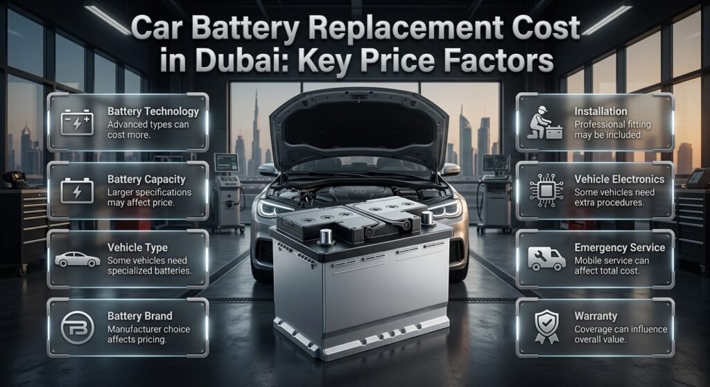 Car battery replacement cost in Dubai explained through battery type, capacity, vehicle, brand, installation, and warranty factors