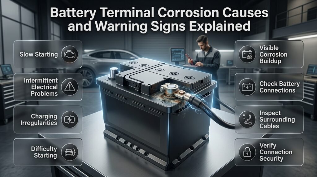 Car battery terminal corrosion showing buildup, poor connections, slow starting, and charging problems during inspection