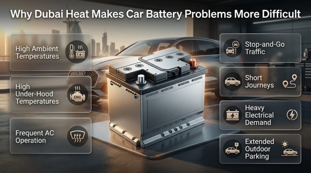 Dubai car battery problems caused by extreme heat, AC use, traffic, short journeys, electrical demand, and outdoor parking