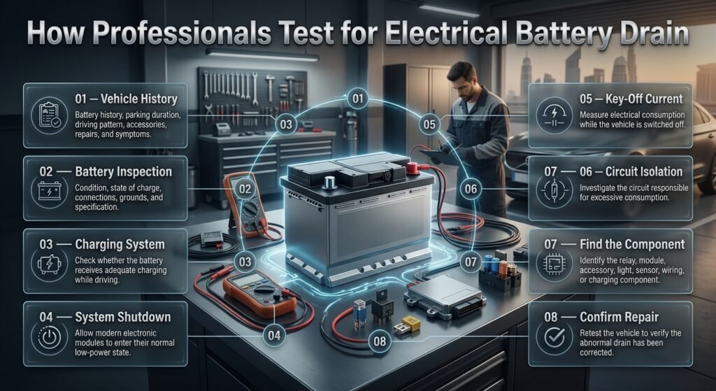 Professional electrical battery drain testing showing battery inspection, charging checks, current measurement, and circuit diagnosis