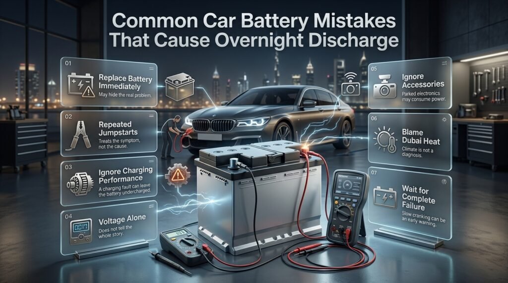 Common car battery mistakes including repeated jumpstarts, ignored charging faults, accessories and delayed battery diagnosis.