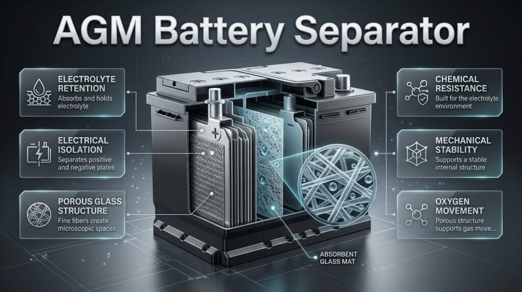 AGM battery separator showing porous glass fibers between plates and retaining electrolyte inside a modern automotive battery