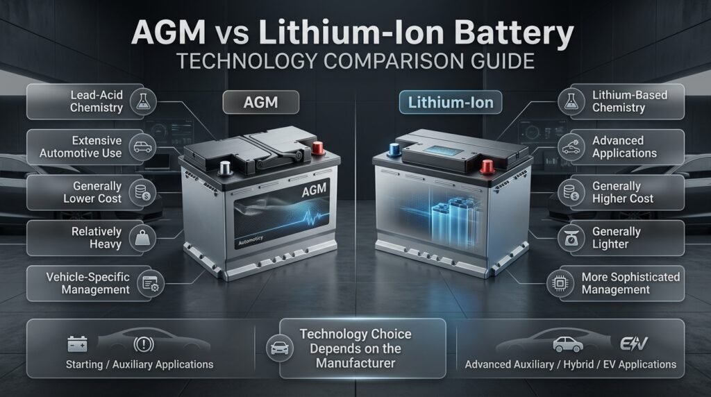 AGM vs lithium-ion battery comparison showing chemistry, automotive applications, cost, weight, and management requirements