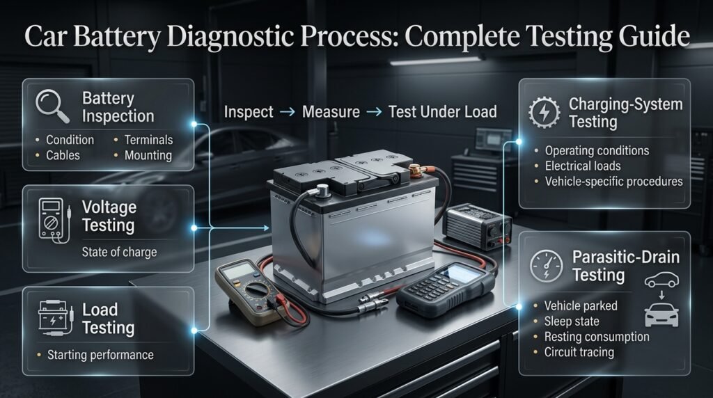 Car battery diagnostic process showing inspection, voltage, load, charging-system, and parasitic-drain testing steps