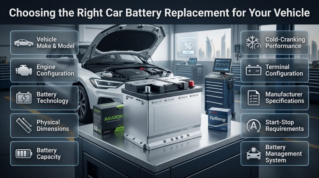 Professional car battery replacement guide showing battery selection by vehicle type, technology, size, capacity, and specifications.