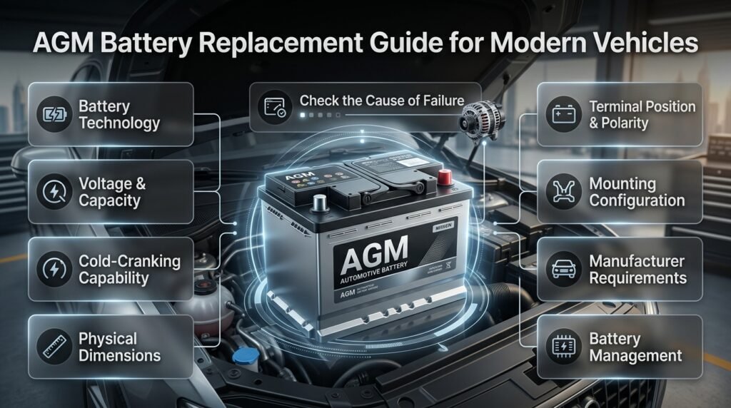 AGM battery replacement guide showing correct battery specifications, vehicle compatibility, charging systems, and professional battery service