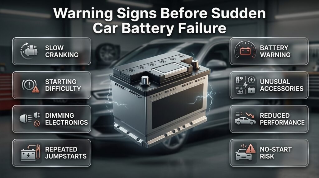Car battery warning signs including slow cranking, dimming lights, starting difficulty, jumpstarts, and unusual electrical behavior.