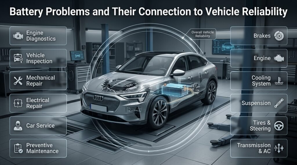 Car battery and vehicle systems infographic showing engine, brakes, suspension, tires, transmission, steering and AC maintenance