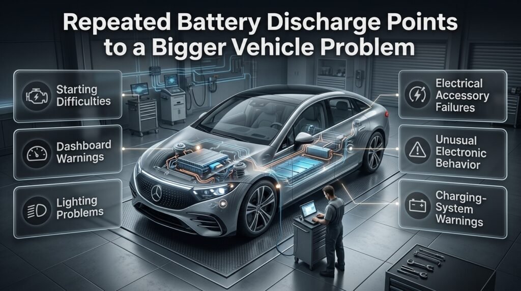 Repeated battery discharge infographic showing starting issues, dashboard warnings, lighting faults, and broader vehicle problems