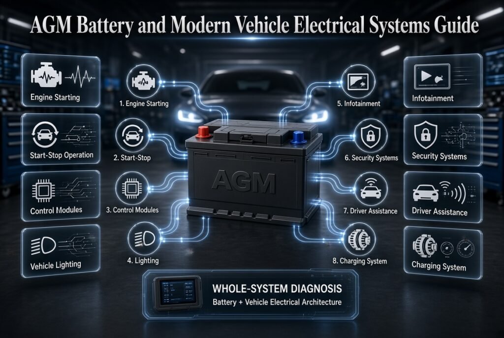 AGM battery infographic showing how vehicle electrical systems connect with starting, lighting, infotainment, security, and charging.