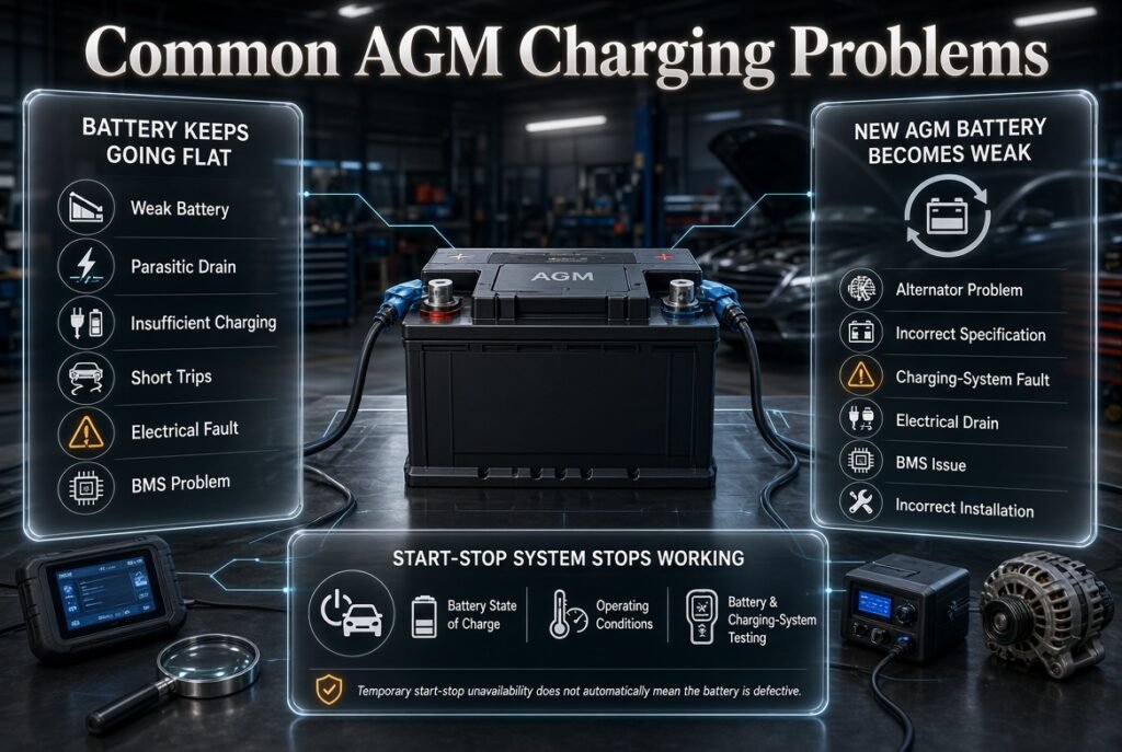 AGM battery charging problems infographic showing flat batteries, weak new batteries, start-stop issues, and diagnostic checks.