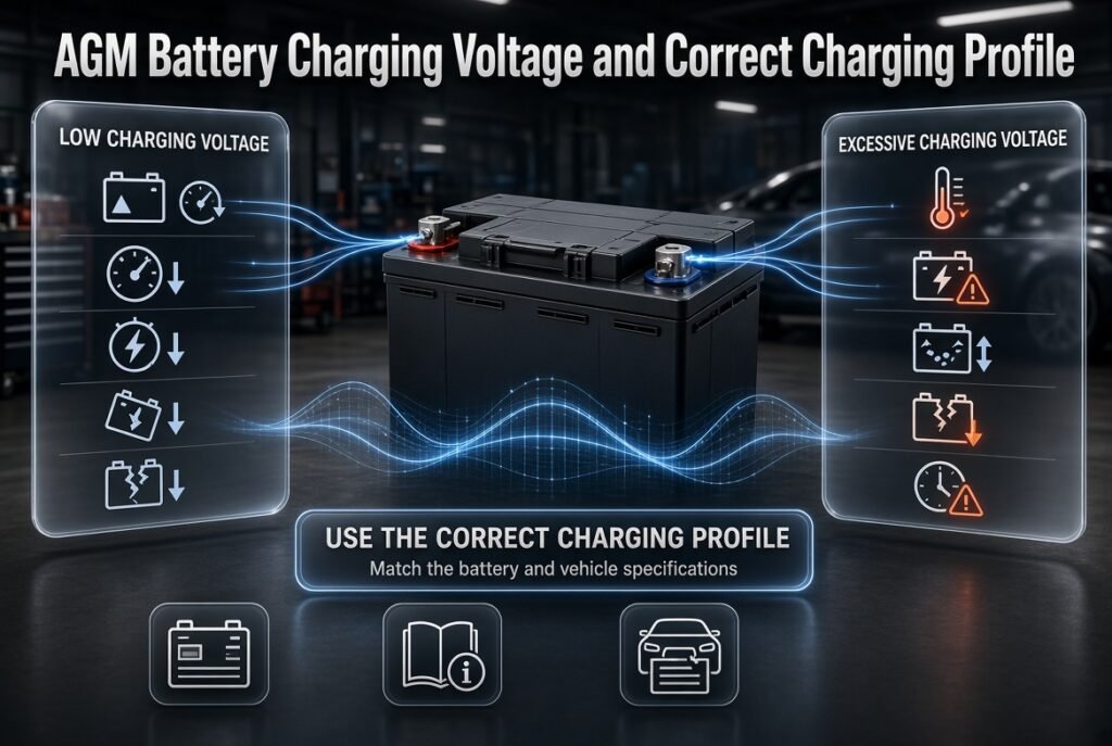 AGM battery charging voltage infographic showing correct charging profiles, voltage effects, battery stress, heat, and service life.