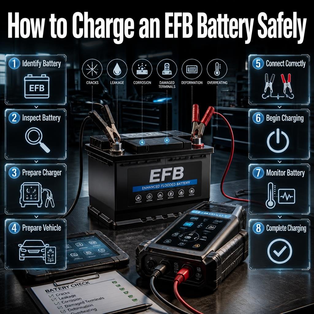 How to charge an EFB battery safely with correct inspection, charger setup, connection, monitoring, and charging completion steps.