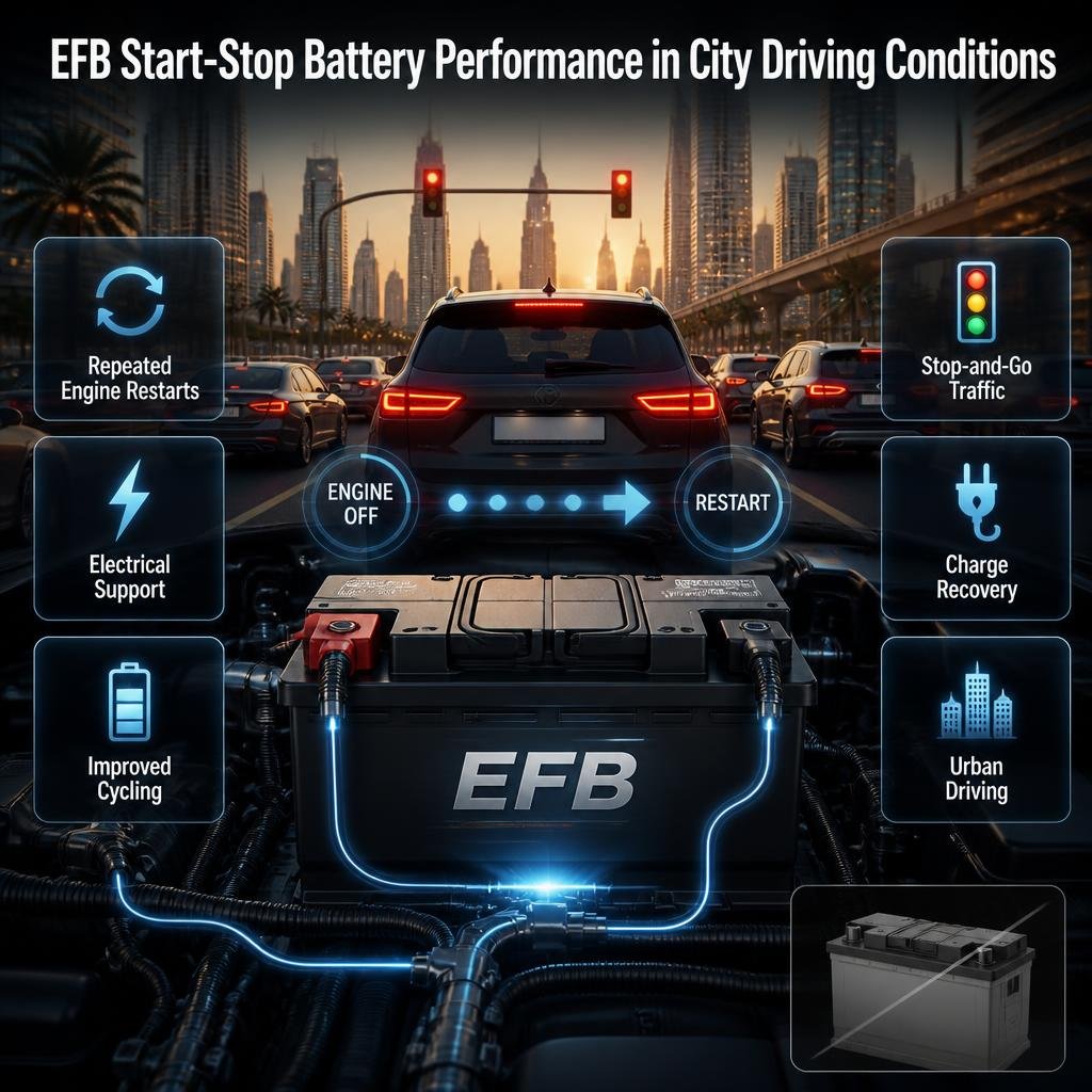 EFB battery supporting start-stop operation in busy city traffic with repeated engine restarts and electrical loads