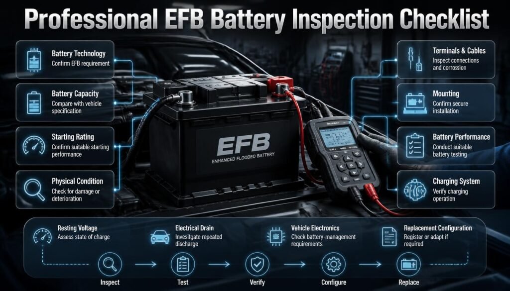 EFB battery replacement checklist showing battery specifications, terminals, cables, voltage, charging system, and electronic configuration checks