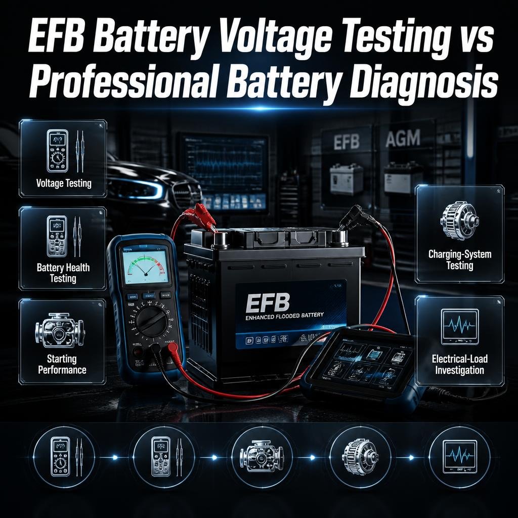 EFB battery voltage testing compared with professional diagnosis using health, starting, charging-system, and electrical-load testing.