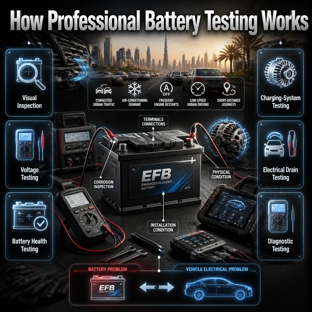 Professional battery testing and EFB care in Dubai, showing voltage checks, health testing, charging systems, electrical drains, and diagnostics.