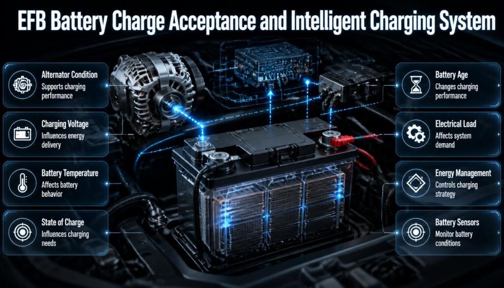 EFB battery charge acceptance showing alternator output, battery temperature, electrical load, and energy management factors