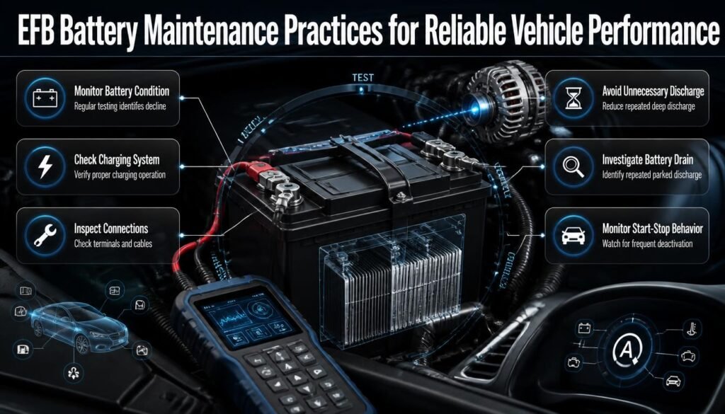 EFB battery maintenance guide showing testing, charging checks, clean connections, drain investigation, and start-stop monitoring