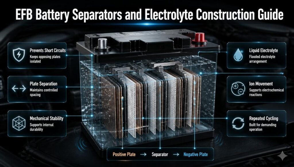 EFB battery separator and liquid electrolyte construction showing plate isolation, ion movement, and internal battery stability