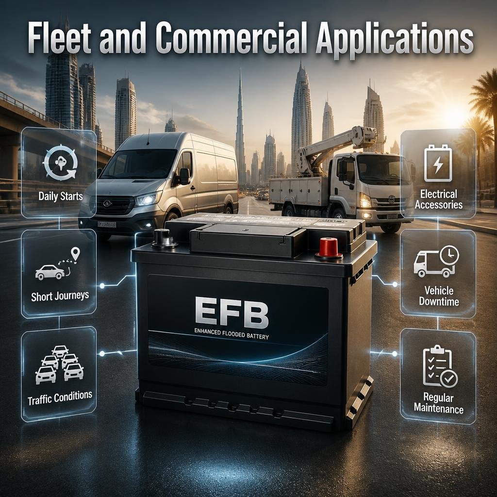 EFB battery applications for Dubai fleet vehicles, highlighting frequent starts, traffic, electrical loads, climate, and maintenance.
