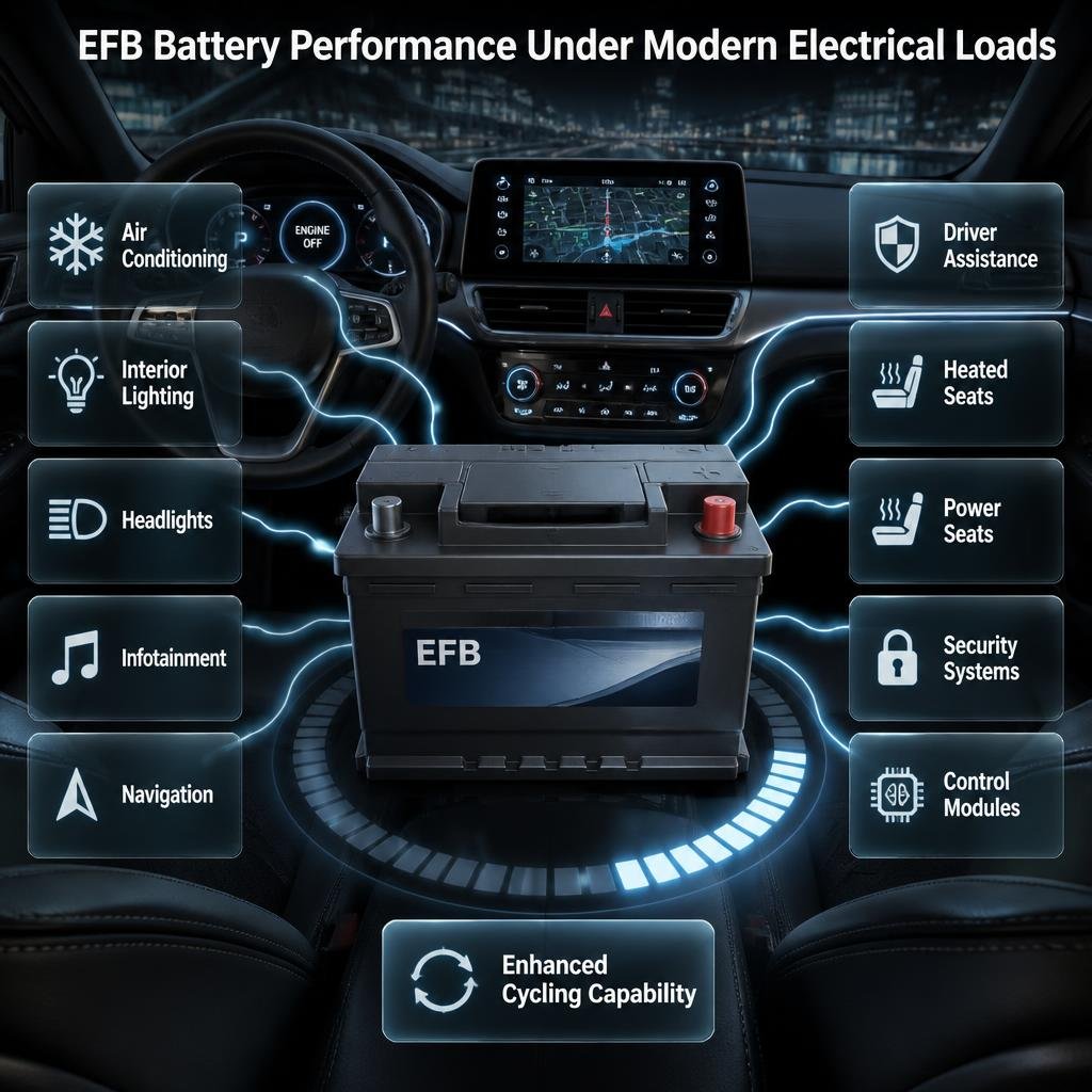 EFB battery supporting modern vehicle electrical systems including air conditioning, lighting, infotainment and safety electronics