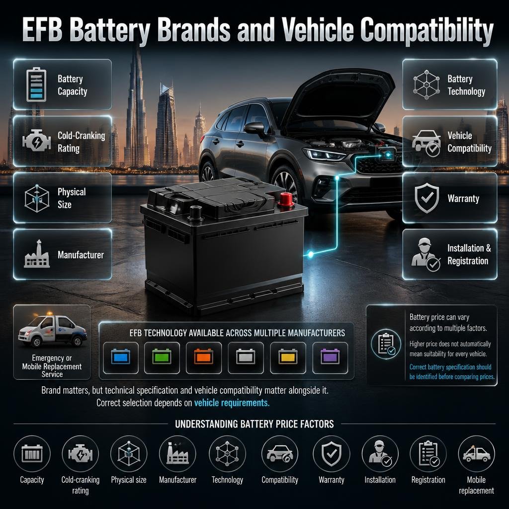 EFB battery brands and vehicle compatibility guide showing battery specifications, pricing factors, and professional selection.