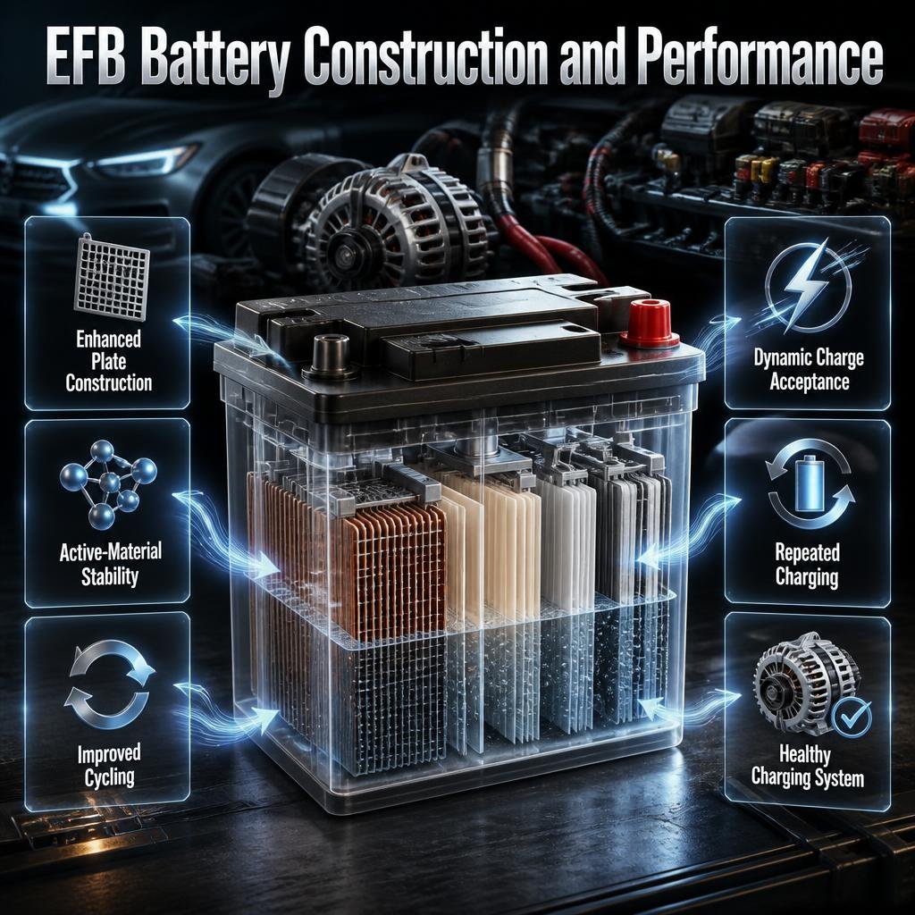 EFB battery construction showing enhanced plates, separators, cycling performance, and charge acceptance in modern vehicles.