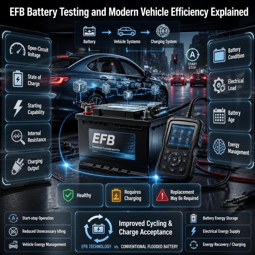 EFB battery diagnostic infographic showing voltage, charge, starting capability, charging output and vehicle energy management