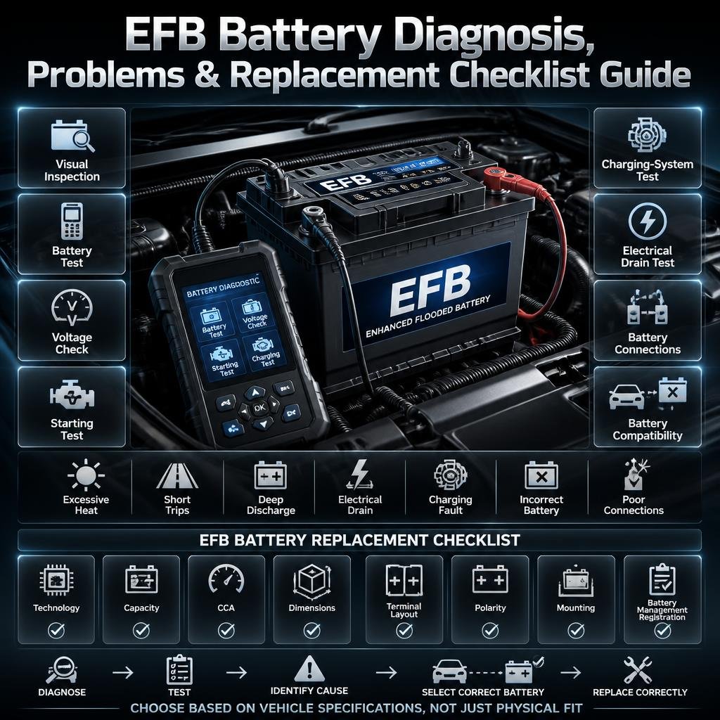 EFB battery diagnosis infographic covering testing, common problems, replacement checks, charging systems, terminals, and battery compatibility.